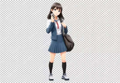 Anime Schoolgirl Engaged in Phone Call Wearing Traditional Blue Uniform with Bag image