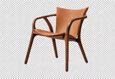 Elegant Modern Wooden Chair with Tan Leather Seat and Armrests on White Background image