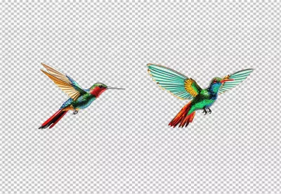 Vibrant Hummingbirds in Flight, Exotic Colorful Birds PNG Cutout image