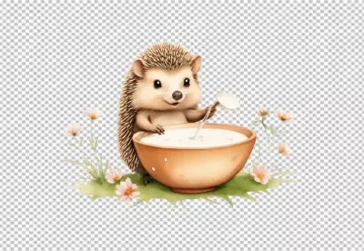 Cute Watercolor Hedgehog Stirring Milk in Bowl with Delicate Wildflowers Illustration image