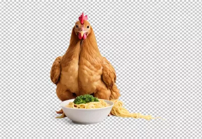 Quirky Brown Chicken Posing with Delicious Spaghetti and Fresh Broccoli image