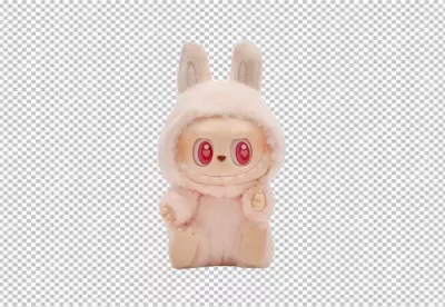 Whimsical Pink Furry Creature Doll with Bunny Hood and Bright Eyes image