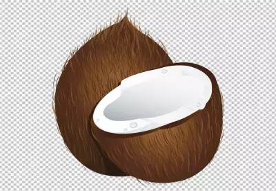 Coconut with half and leaves on transparent background 