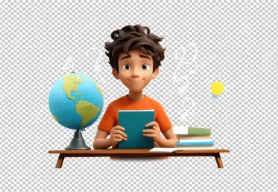 3D Animated Boy Student Learning with Globe and Books, Sparking New Ideas image