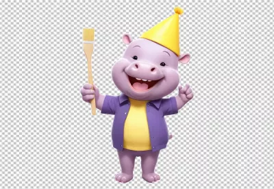 Cute Purple Hippo Mascot Joyfully Holding Paintbrush and Wearing Party Hat image