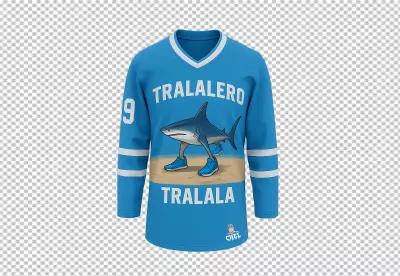 Funny Blue Sports Jersey Featuring Cartoon Shark in Sneakers on Sandy Beach image