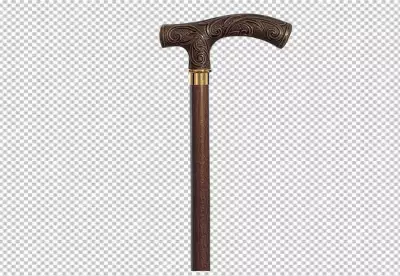 A brown wooden cane with a gold handle