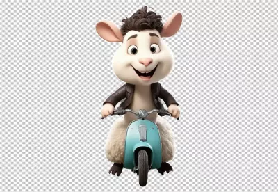 Cheerful 3D Sheep Mascot Joyfully Riding a Stylish Vintage Blue Scooter image