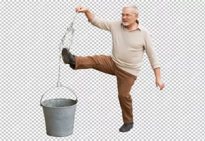 Senior Man Balancing Metal Bucket with Foot and Rope, Demonstrating Effort and Skill image