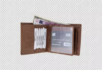 Brown Leather Wallet Displaying Credit Cards and Various International Currencies image