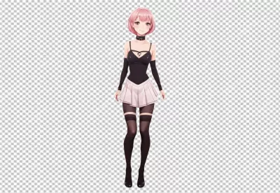 Charming Anime Girl with Short Pink Hair and Modern Black and White Fashion Style image