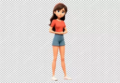 3D Animated Young Woman in Casual Summer Outfit Standing Thoughtfully on White Background image