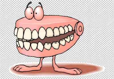 This whimsical illustration features a set of dentures brought to life with a cartoonish flair