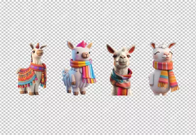 Adorable Llama Group with Colorful Scarves and Traditional Blanket Design image