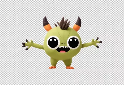 Cheerful Green Monster Character with Big Eyes and Horns Waving Playfully image