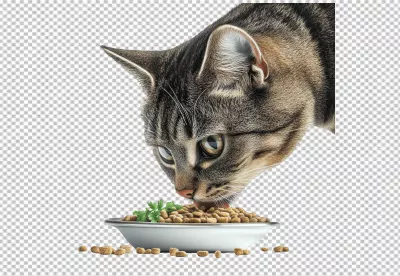 Adorable Tabby Cat Enjoying Dry Kibble from Bowl, Pet Food PNG image