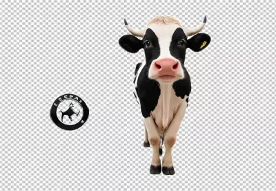 Front-Facing Holstein Friesian Dairy Cow with Farm Emblem on Clean White Background image