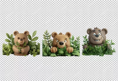 Adorable 3D Cartoon Bears Peeking from Green Bushes Playful Animal Character Cutouts image
