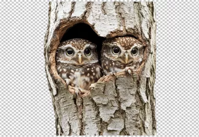 Adorable Baby Owls Peeking from Cozy Tree Nest Wildlife PNG Image image