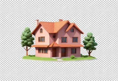 Charming 3D Cartoon Pink Family House with Green Trees and Orange Roof image