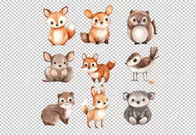 Cute Watercolor Forest Animals PNG Collection for Kids' Designs image