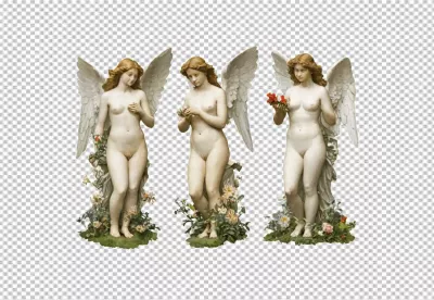 Classical Nude Angel Statues with Wings and Floral Accents, Symbolizing Beauty and Grace image