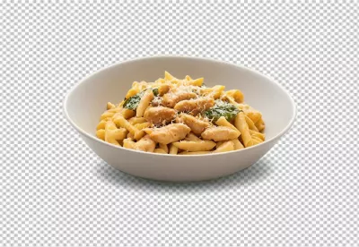 Delicious Penne Pasta with Grilled Chicken and Parmesan Cheese Served in a White Bowl image