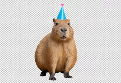 Adorable Capybara Wearing Blue Party Hat Celebrating on White Background for Animal Fun image