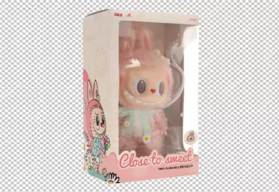 Whimsical Pink Fluffy Bunny Monster Plush Toy with Mischievous Grin in Display Box image