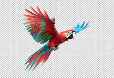 Vibrant Scarlet Macaw Flying in Mid-Air PNG Cutout for Tropical Designs image