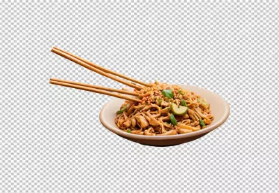 Delicious Stir-Fried Noodles with Chicken, Fresh Vegetables, and Lime Served with Chopsticks image