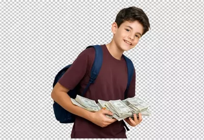 Happy Young Boy with Backpack Proudly Displays Stacks of Dollar Bills image