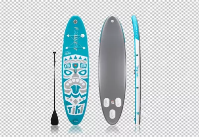 Three Views of a Blue Inflatable Tiki Stand Up Paddleboard with Paddle Set image
