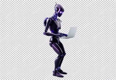 Sleek Black Humanoid Robot with Glowing Purple Accents Using a Laptop image