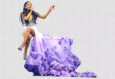 Woman Singing in Elegant Purple Dress Also showing lyric on her hand