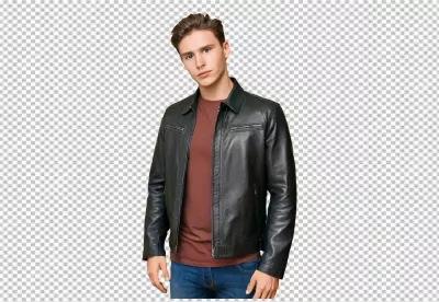 Stylish Young Man in Black Leather Jacket and Red Shirt Posing Confidently image