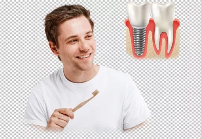 Smiling Man with Bamboo Toothbrush and Dental Implant Illustration for Oral Health image