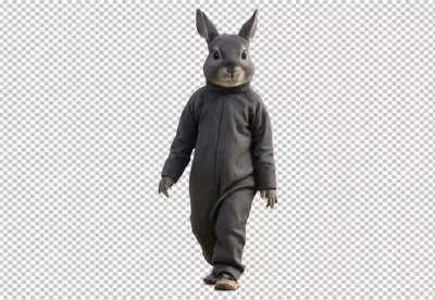 Adorable anthropomorphic rabbit character in grey jumpsuit walking on a transparent background image