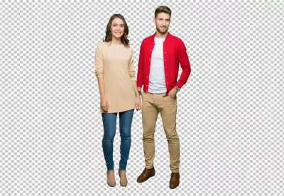 Happy Young Couple Posing in Casual Modern Fashion on White Background image