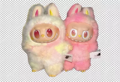 Two Adorable Pop Mart Labubu Monster Plushies with Bunny Hoods Embracing image