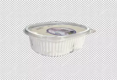 Cottage cheese in a traditional wooden bowl on a transparent background