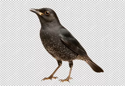 Captivating Speckled Black Bird with Golden Eye Staring Upward PNG image