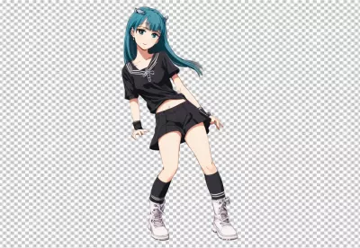 Vibrant Anime Girl with Teal Hair in Black Sailor Outfit and White Boots image