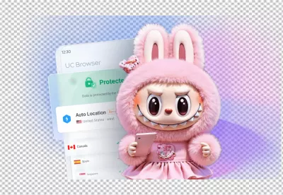 Fluffy Pink Character Holds Phone Displaying Protected Browser VPN Settings image