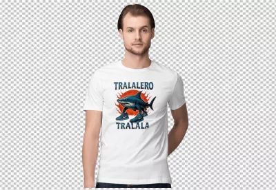 Young Man Modeling White T-Shirt with Humorous Shark and Sneakers Graphic Print image