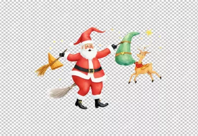 Whimsical Santa Claus Flying Broomstick with Magical Reindeer and Christmas Gifts image