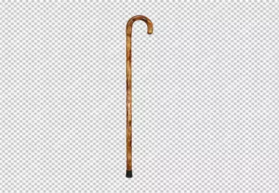 A brown wooden cane with a black rubber tip