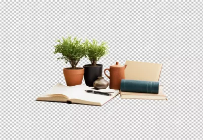 Open Notebook, Pen, Potted Plants, and Books for Study and Creative Workspace image