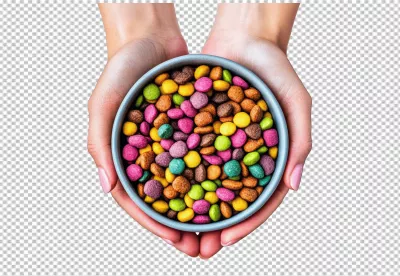 Vibrant Colorful Candies in Cupped Hands Offering a Sweet Treat PNG image