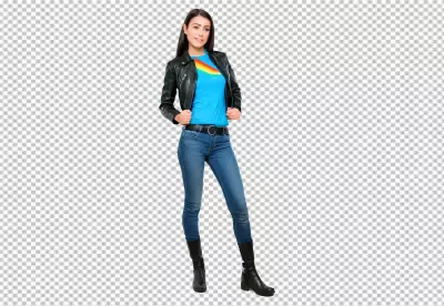 Stylish Young Woman in Black Leather Jacket and Rainbow T-shirt Smiling image